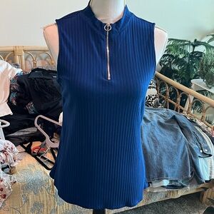 Vince Camuto Sleeveless Ribbed Mock Neck Tank – Navy Blue with Silver Zip
